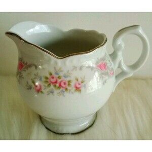 Style House Fine China Pompadour Creamer Sauce Pitcher Pink Floral Silver Trim